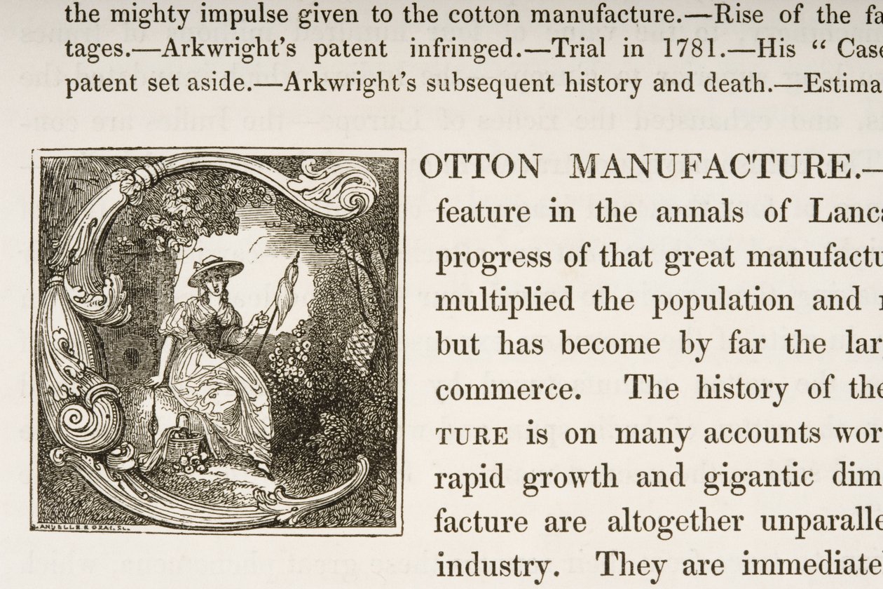 Historikerad initial C, från en bok om British Cotton Manufacturing av English School