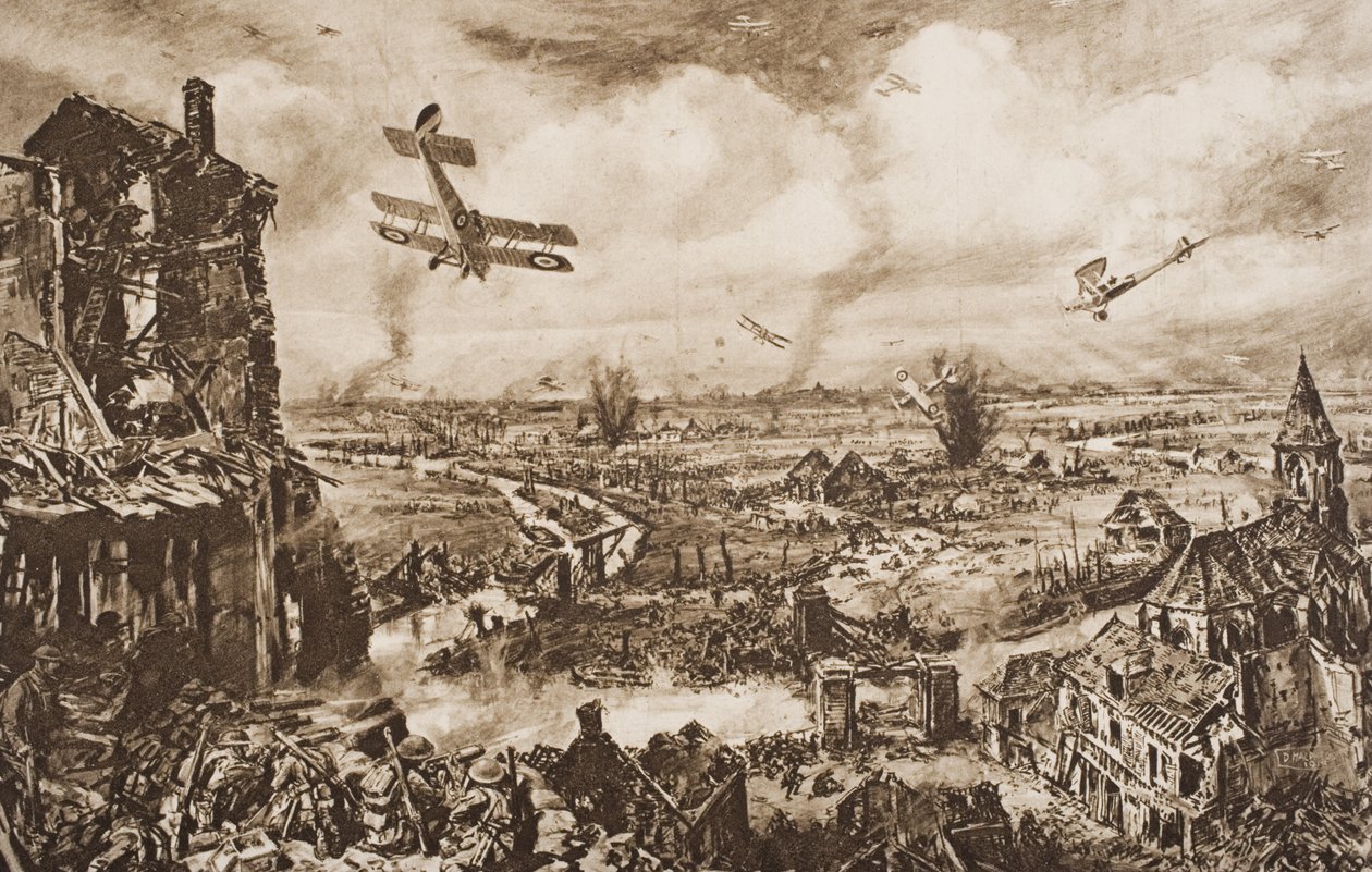 Håller upp en tysk attack, Armentieres, Belgien, illustration från 