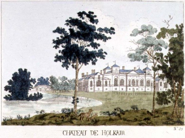 Holkham Hall, Norfolk, illustration från William Watts "Tableaux des Maison et Jardins", ca 1785 (färggravering). av English School
