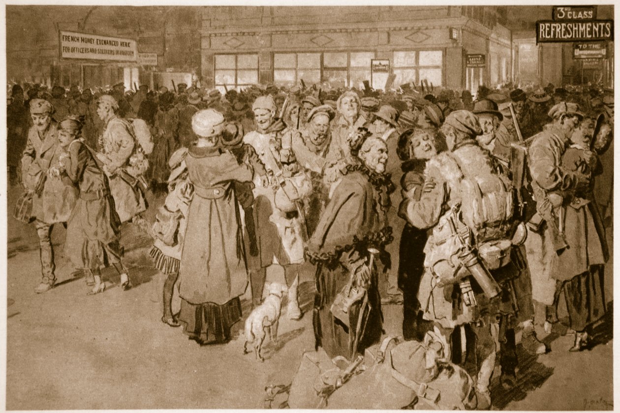 Hemma på permission: Efter ankomsten av trench-specialen vid Londons terminus, 1914-19 av English School