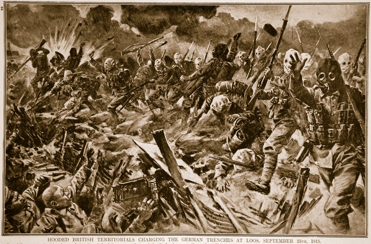 Brittiska territorier med huva laddar de tyska skyttegravarna vid Loos, 25 september 1915, 1914-19 av English School