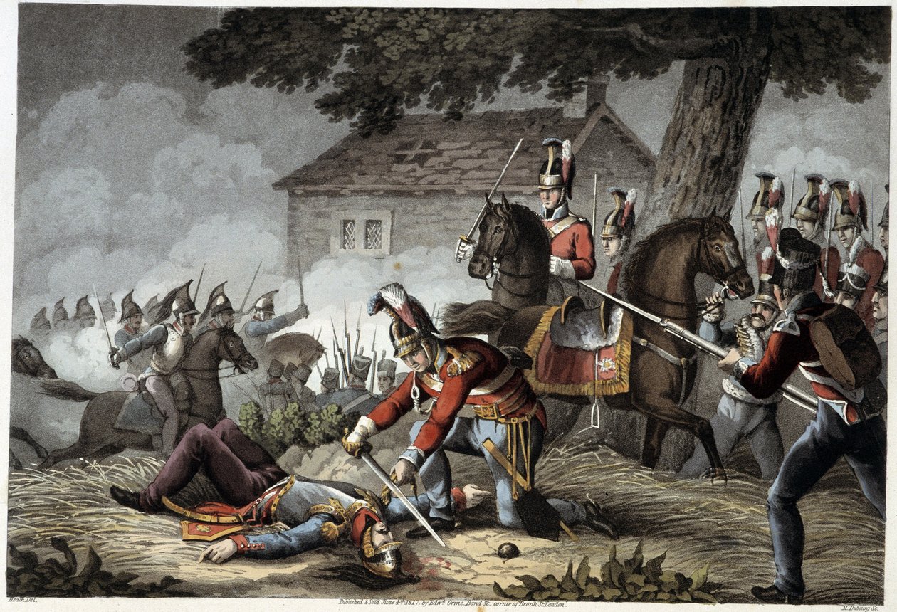 Hästvakt på slagfältet vid Waterloo i "Historiska, militära och marina anekdoter och händelser som kom till de brittiska arméerna och deras allierade och slutade vid Waterloo" av Edward Orme. Ill. av Fry, Sutherland, Clark, Dubourg, W.Heart, JA, Atkinson av English School