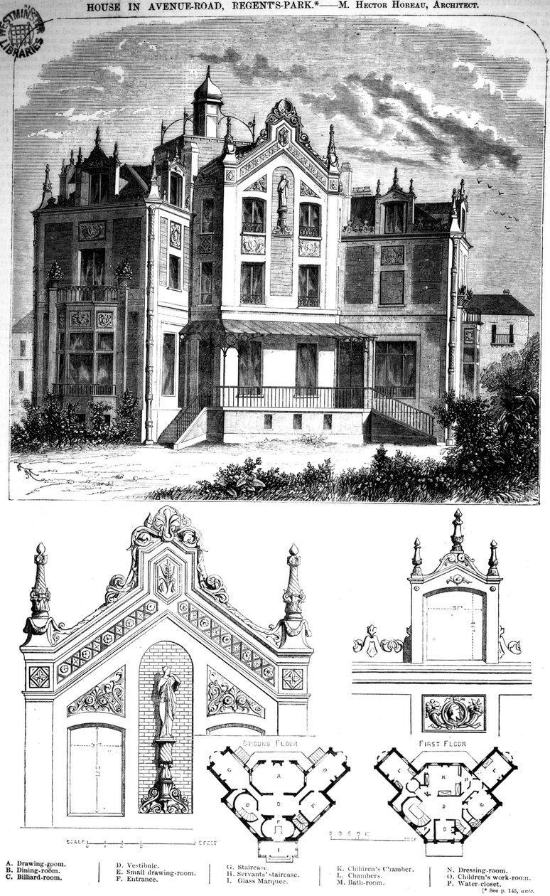 Hus i Avenue Road, Regents Park, designat av Hector Horeau, 1859 av English School