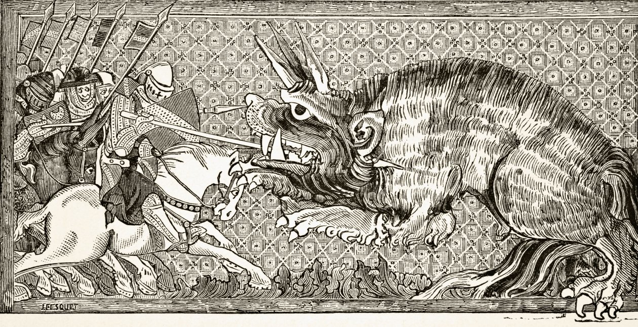 Hur Alexander slogs med odjuret, efter en miniatyr i ett 1200-talsmanuskript, från "Science and Literature in the Middle Ages", av Paul Lacroix, 1878 av English School