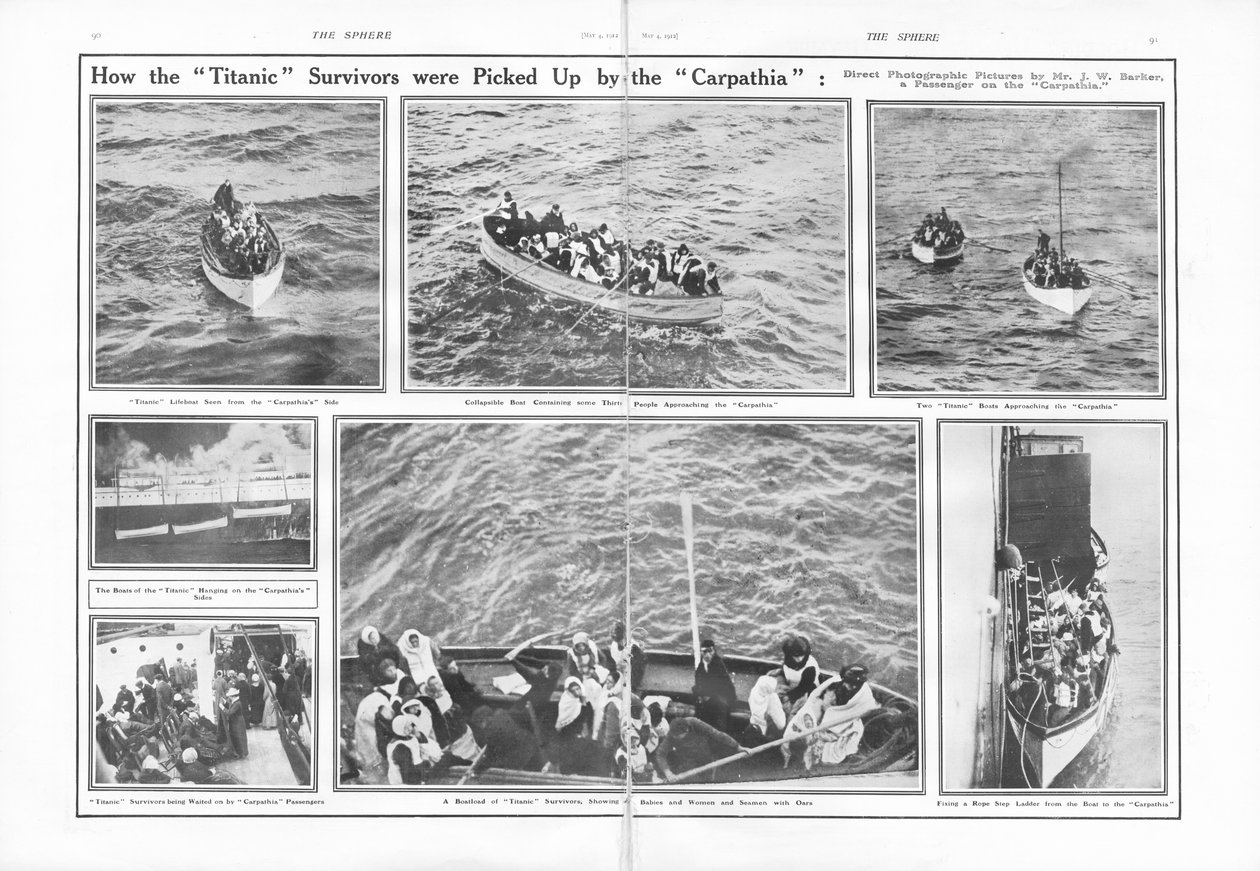 Hur Titanic-överlevarna plockades upp av Carpathia, från The Sphere, 4 maj 1912 av English School