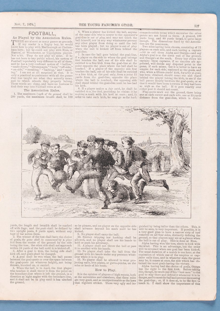 How to Play Football by the Association Rules, artikel från The Young Fanciers Guide, 1874 (se även 315146) av English School
