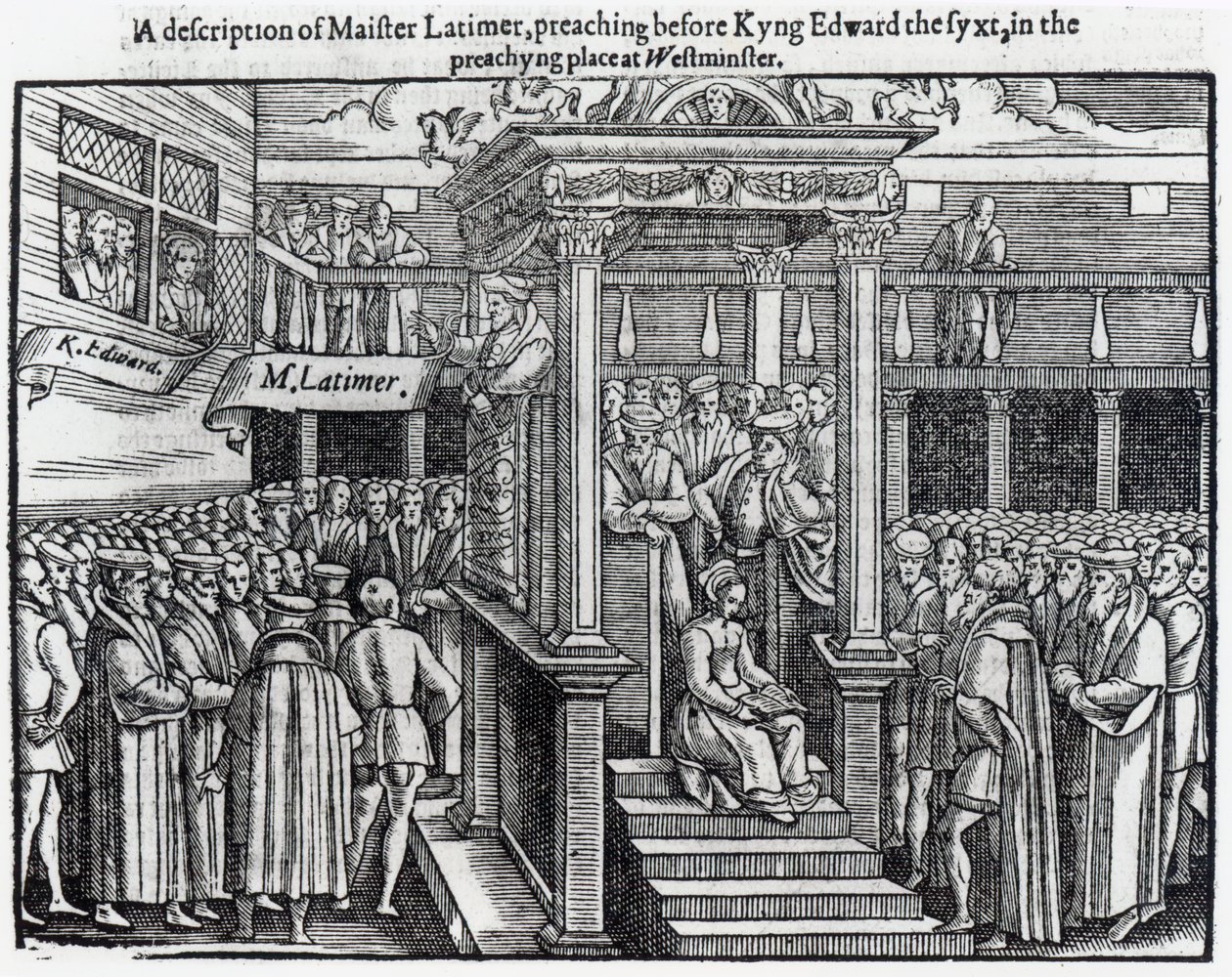 Hugh Latimer (ca 1485-1555) Predikar inför kung Edward VI (1537-53) i Westminster 1547, från "Acts and Monuments" av John Foxe (1516-87) 1563 av English School