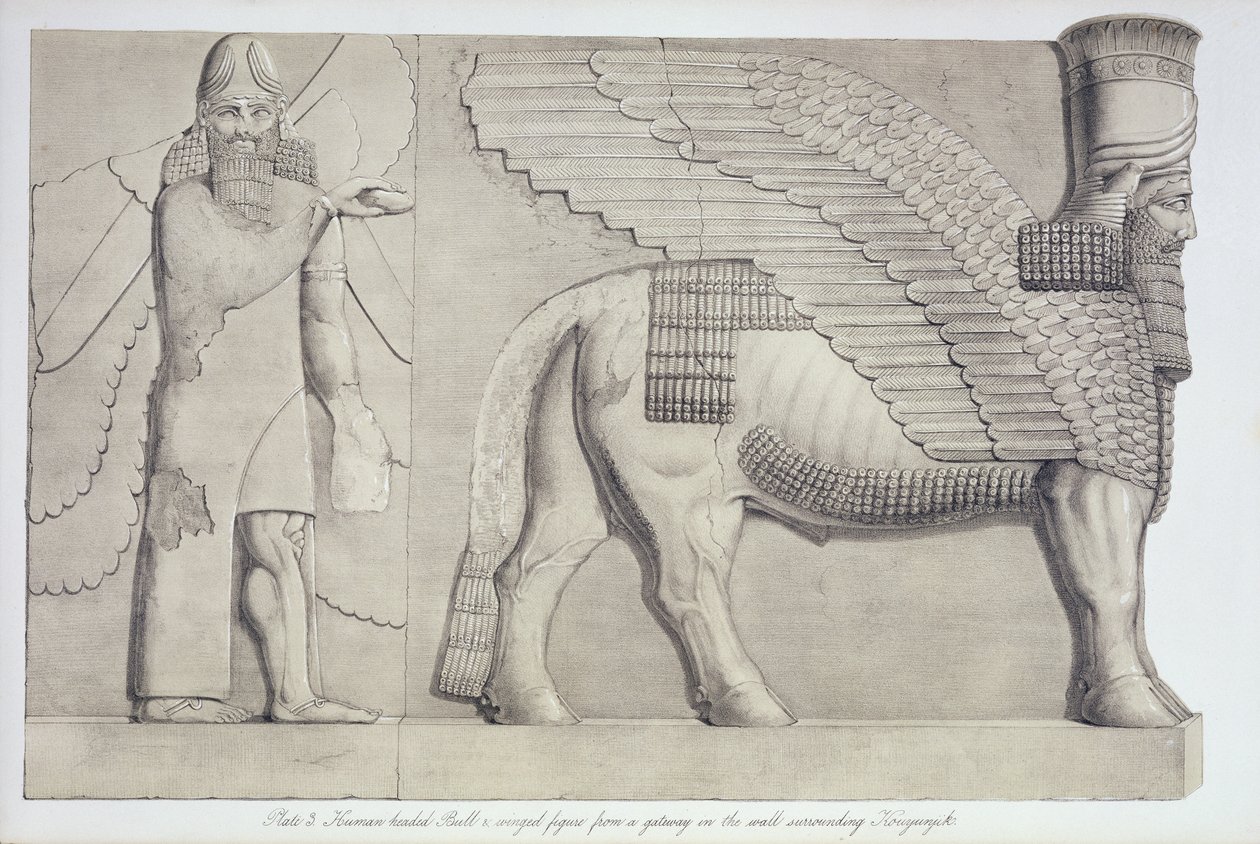 Tjur med människohuvud och bevingad figur från en port på muren som omger Koujunjik, skylt 3 från Nineveh and its Remains av Austen Henry Layard (1817-94) publicerad 1849 av English School