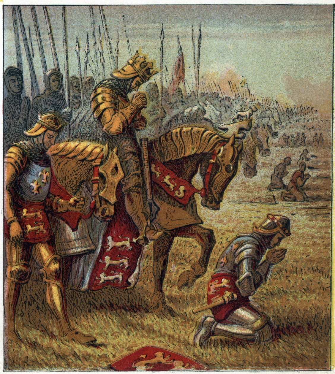 Hundraåriga krig: "" Slaget vid Azincourt den 25/10/1415"". Kung Henrik V (1387-1422) bad innan han konfronterade de franska trupperna. Slaget vid Agincourt: Kung Henrik den femte ber om seger före slaget. av English School