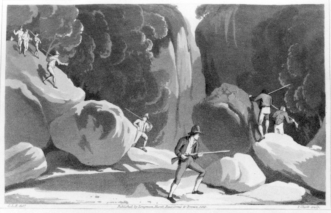 Jaktbanditer i Italien, från Three Months Passed in the Mountains East of Rome 1819 av Maria Graham (1785-1842) 1820 av English School