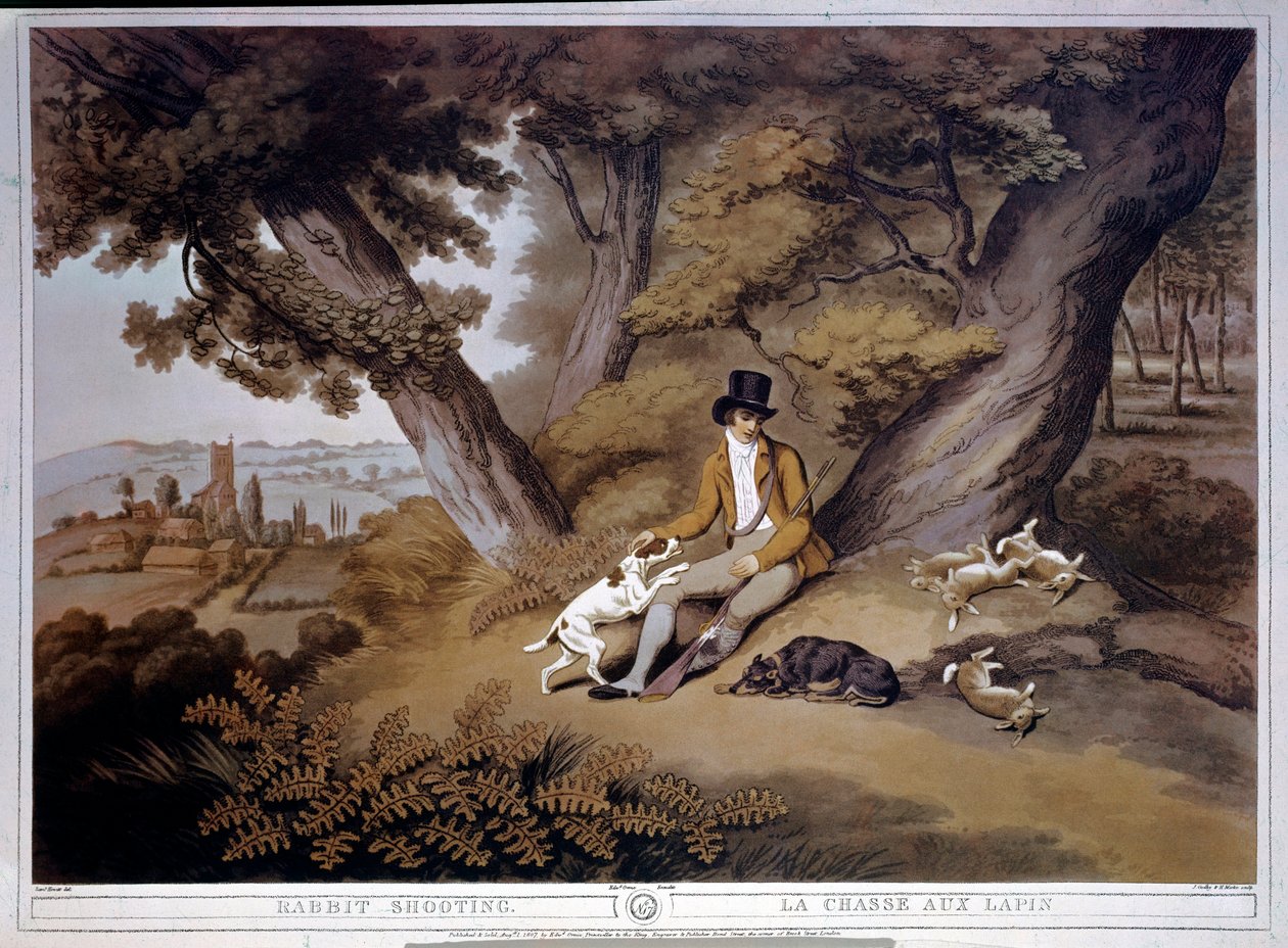 Jakt på kaniner i England. Gravyr från 1800-talet. Gien, jaktmuseum av English School