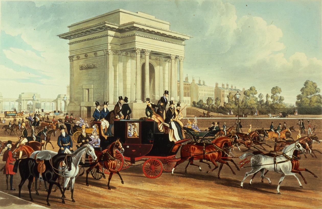 Hyde Park Corner, efter James Pollard, utgiven av Ackermann, 1836 (akvatint) av English School