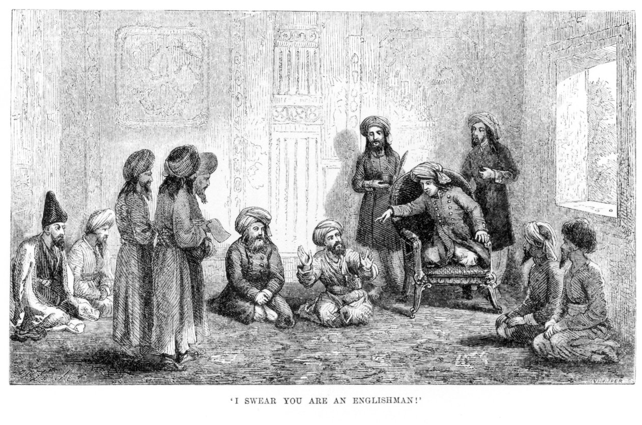 Jag svär att du är en engelsman: författarnas förklädnad avslöjas i Herat, från Travels in Central Asia...in...1863, 1864 av Arminius Vambery av English School