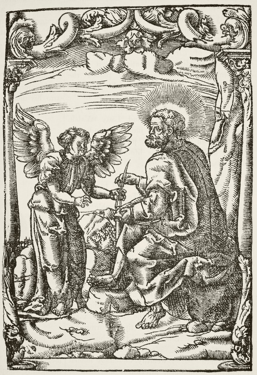 Illustration från början av Tyndales första engelska översättning av Nya testamentet, publicerad i Köln 1525, från The National and Domestic History of England av William Hickman Smith Aub av English School