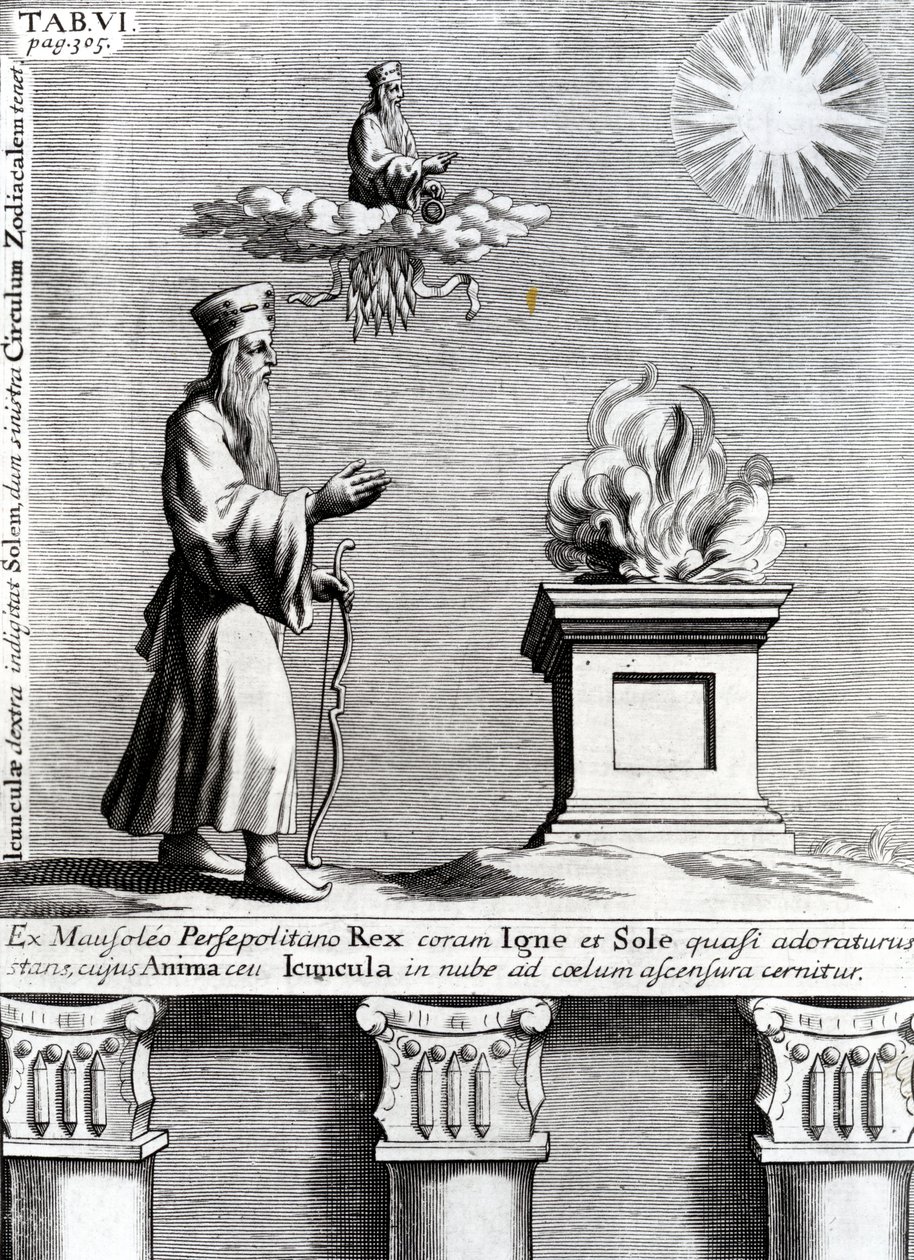 Illustration av Zoroaster som dyrkar elden och solen, 1697 av English School