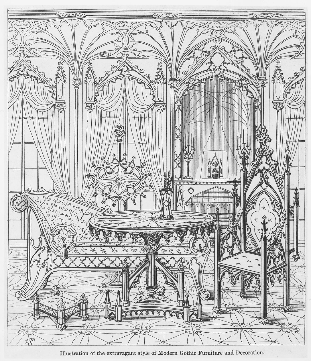 Illustration av den extravaganta stilen av moderna gotiska möbler och dekorationer, från True Principles of Pointed of Christian Architecture, av Augustus Welby Pugin (1812-52) av English School