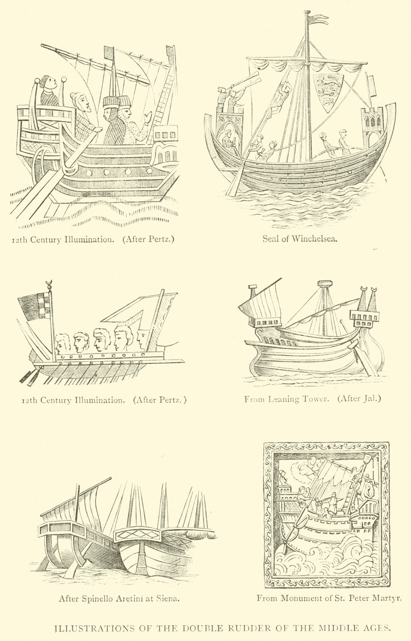 Illustrationer av medeltidens dubbelroder (gravyr) av English School