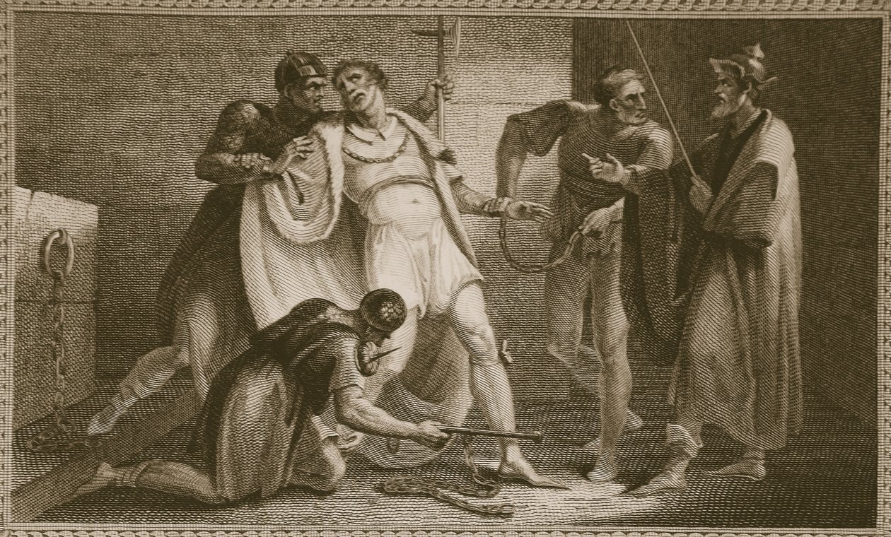 Fängelse av Stephen, illustration från David Humes The History of England, pub. av R. Bowyer, London, 1812 av English School