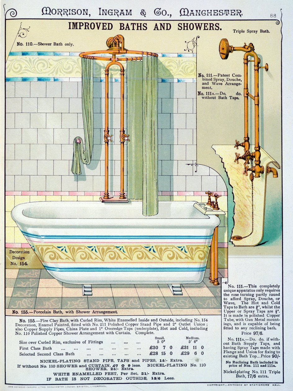 Förbättrade bad och duschar från en katalog över sanitetsartiklar producerad av Morrison, Ingram & Co., Manchester, publicerad ca 1890 av English School
