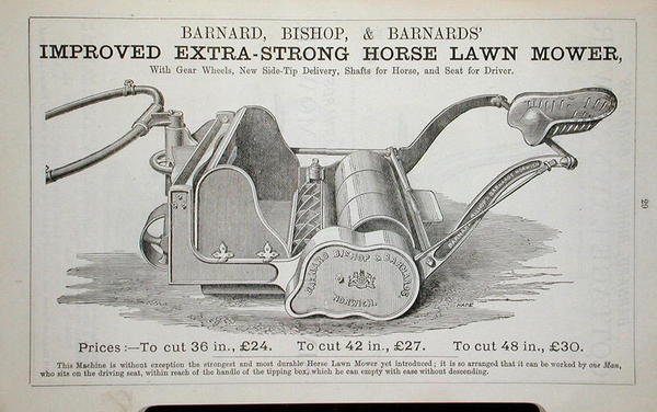 Improved Extra-Strong Horse Lawn Mower, illustration från en trädgårdskatalog, utgiven av Barnard Bishop & Barnard. av English School