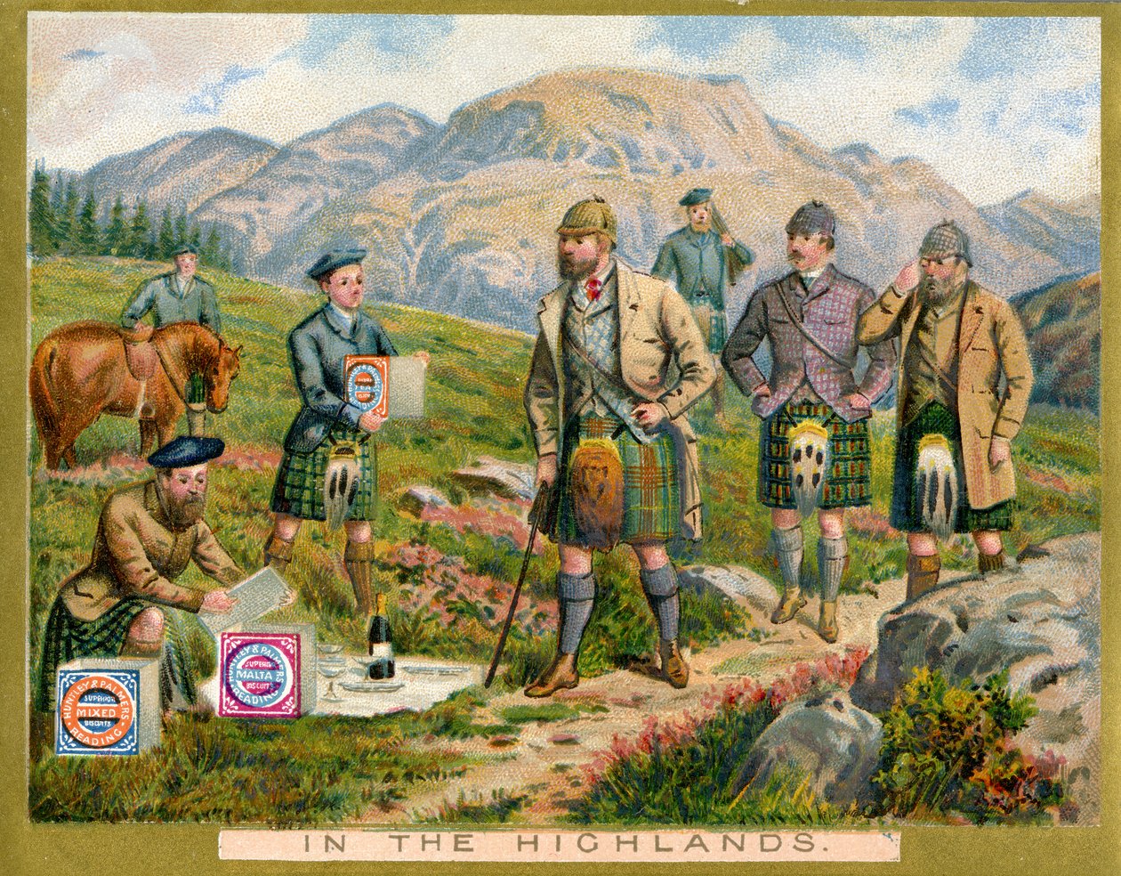 In the Highlands, ett reklamkort för Huntley & Palmers Biscuits, ca 1890 av English School