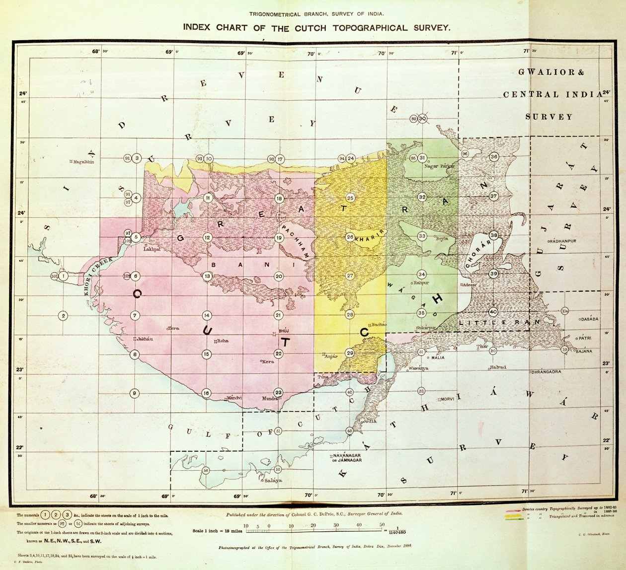 Indexdiagram över Cutch Topographical Survey av Trigonometrical Branch, Survey of India, Dehra Dun, november, 1884 av English School