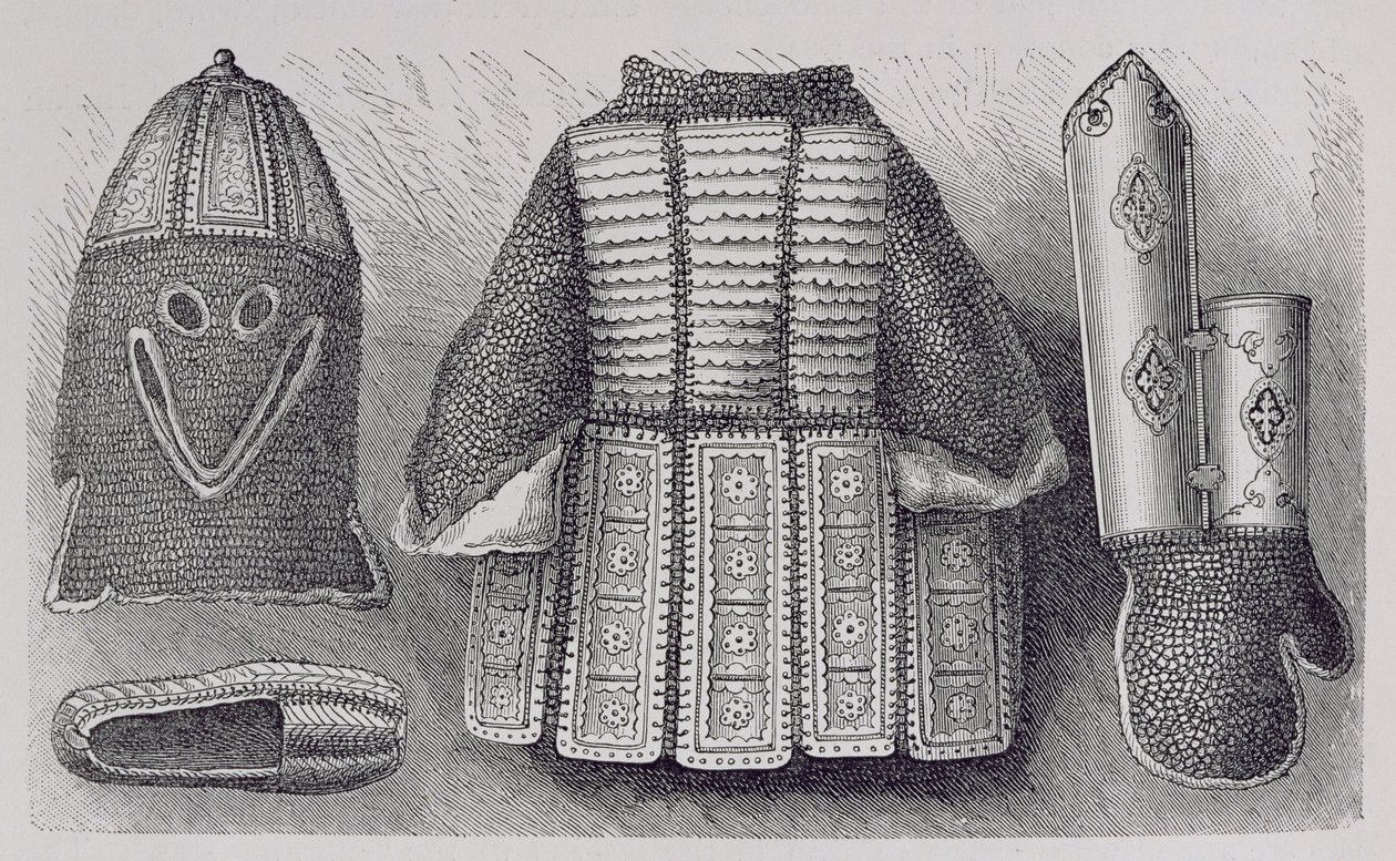 Indisk panoply bestående av hjälm, tunika, handskar och skor från Bhuj, från The History of Mankind, Vol.III, av Prof. Friedrich Ratzel, 1898 av English School