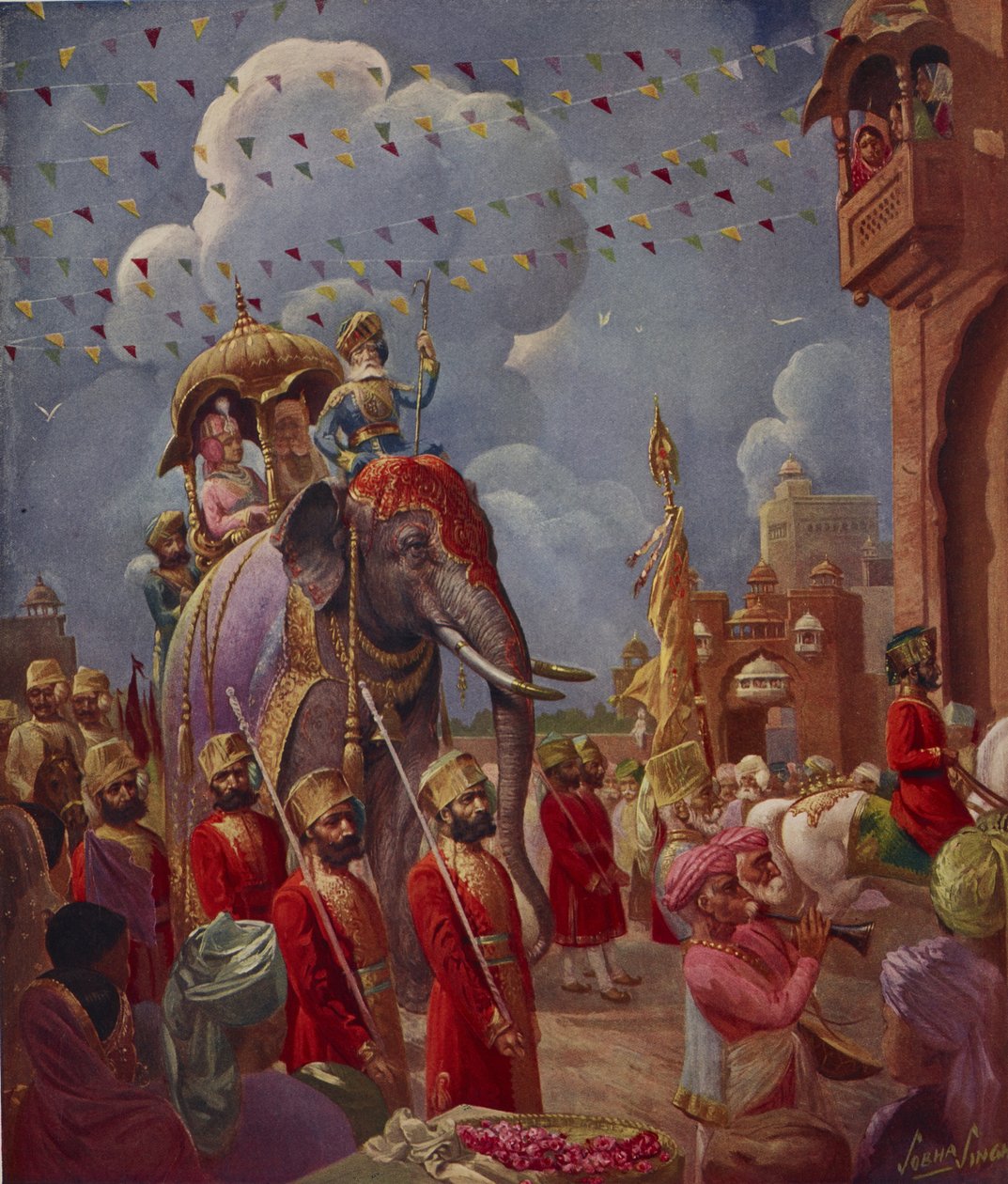 Indisk procession med elefant, målning av Sobha Singh, från Indian Supplement of Illustrated London News av English School