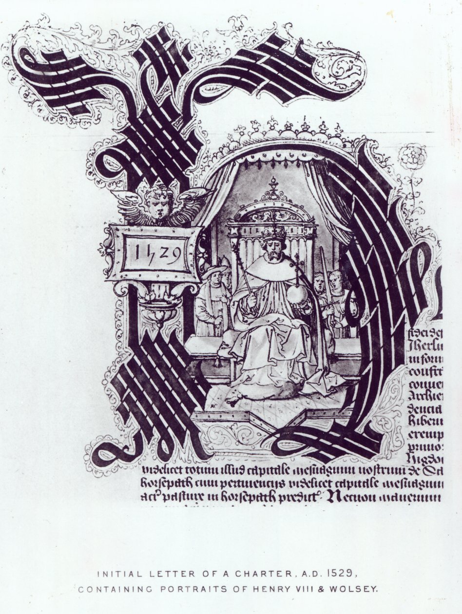 Initial Letter of a Charter innehållande porträtt av Henry VIII och Wolsey, 1529 av English School