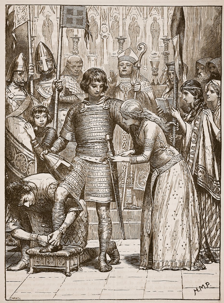 Initiering i riddarordningen, illustration från Cassells Illustrated History of England (sepiafoto) av English School