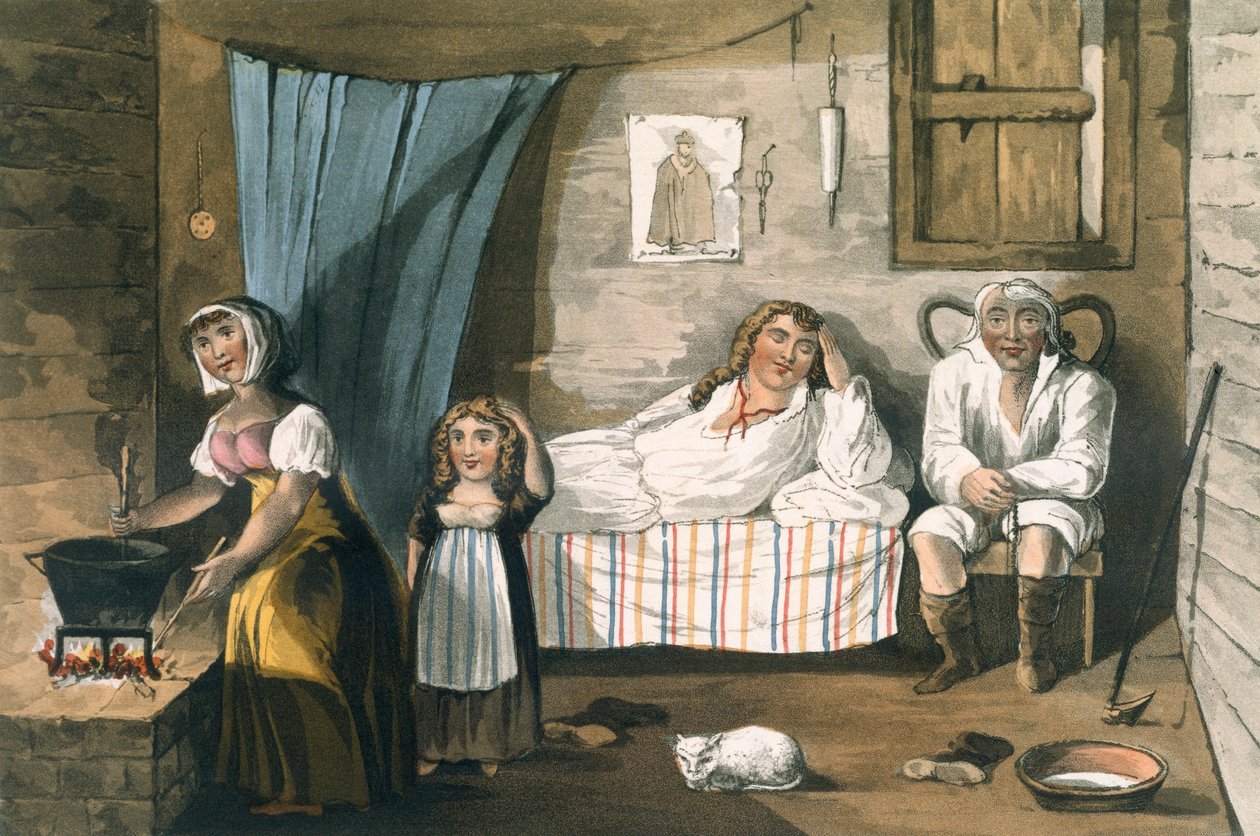 Inside a Cottage, från A Picturesque Tour of the English Lakes av T.H. Fielding och J. Walton, publicerad av R. Ackermann, London, 1821 (handfärgad akvatint) av English School