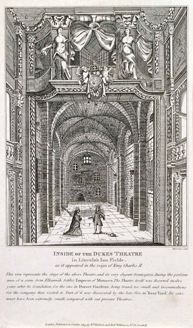 Insidan av Dukes Theatre, London, graverad av Richard Sawyer, 1820 av English School