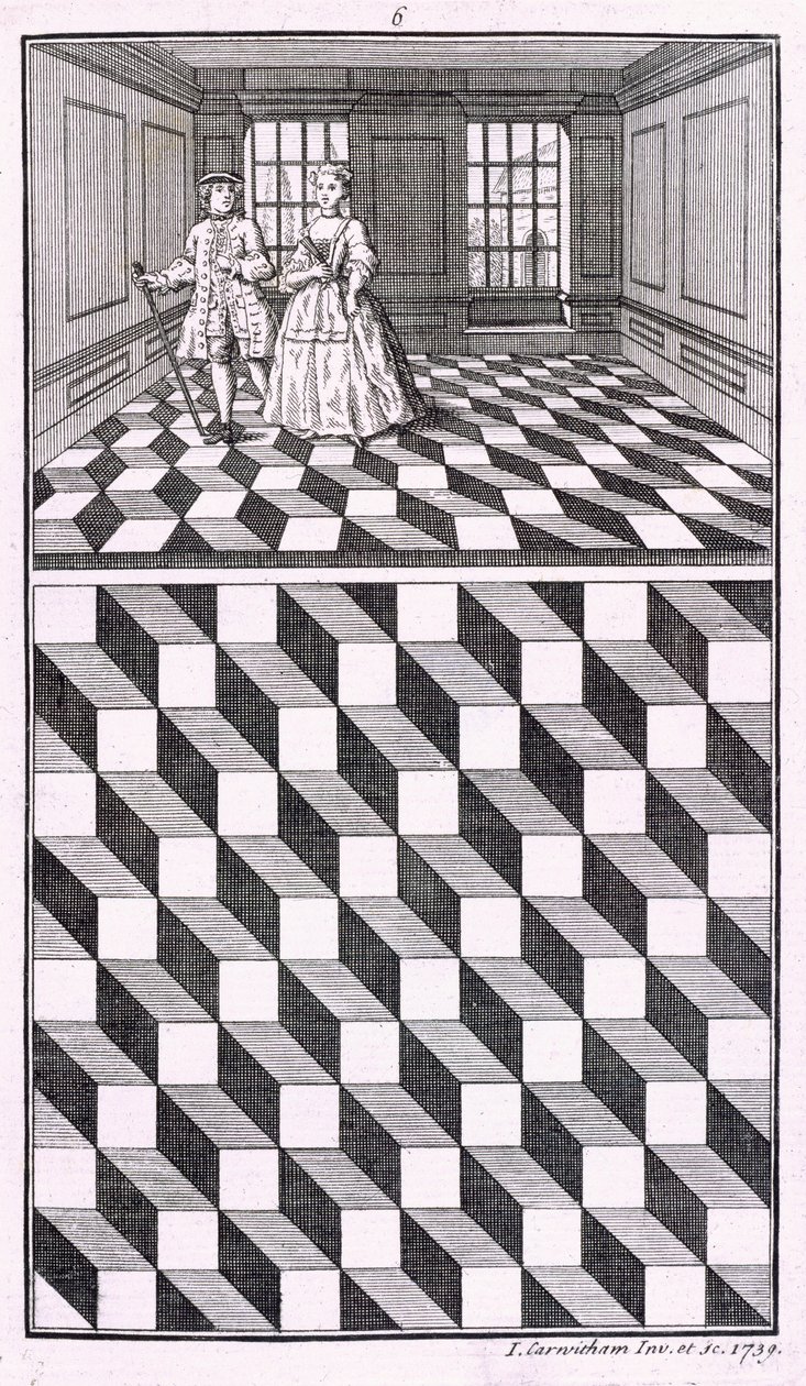Interiör, illustration från olika typer av golvdekorationer, av John Carwitham, 1739, bw gravyr av English School