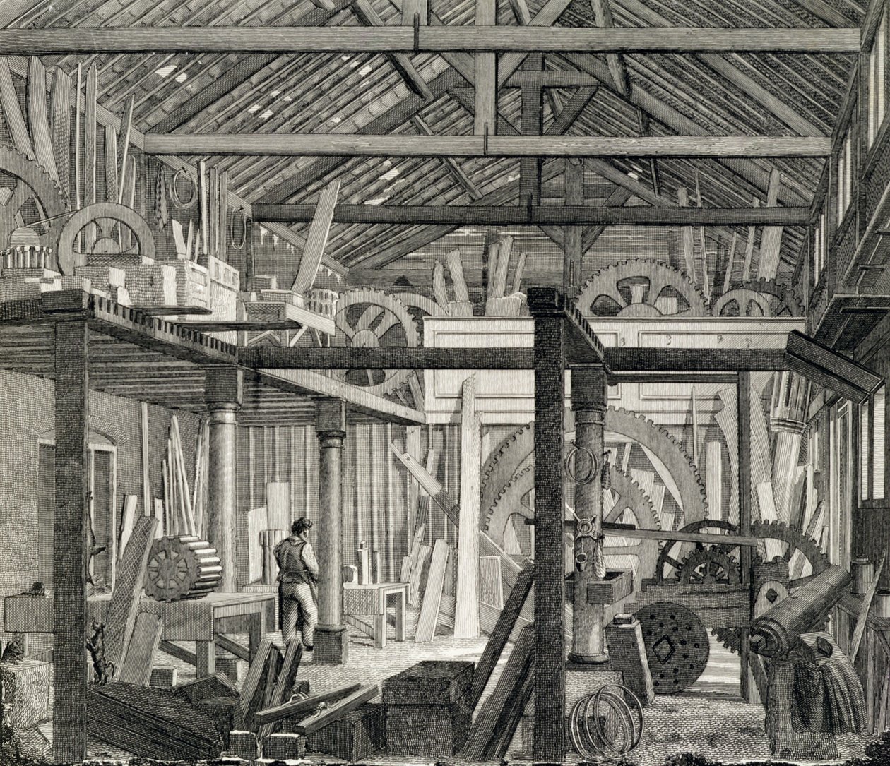 Interiörvy av John Bunyans möteshus i Zoar Street, Gravel Lane, Southwark, använd som verkstad och sågverk, ca 1822 (se även 190619) av English School