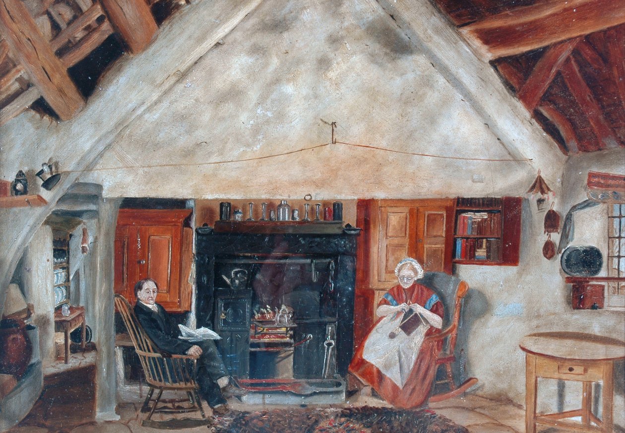 Interiör av Cruck Cottage, möjligen Shipley Glen av English School