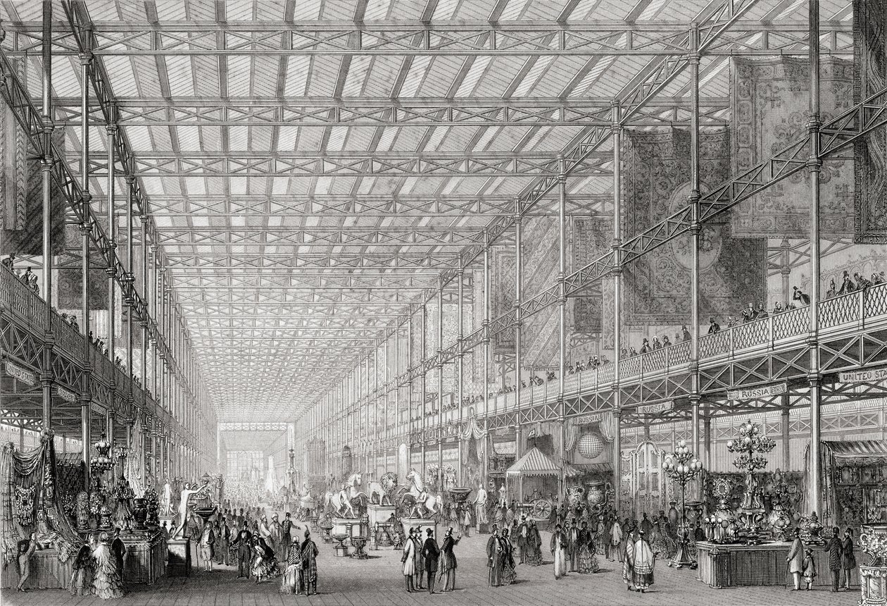 Interiör av den stora industriutställningen 1851 i Hyde Park från Cyclopaedia of Useful Arts & Manufactures, redigerad av Charles Tomlinson, ca 1880-talet av English School