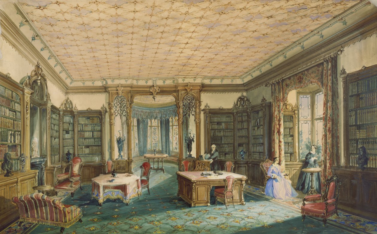 Interiör av ett viktorianskt bibliotek (wc på papper) av English School
