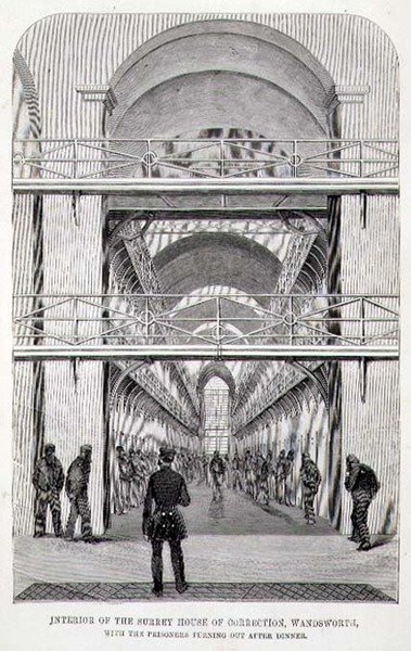 Interiör av Surrey House of Correction, Wandsworth, med fångarna som vänder ut efter middagen, från "The Criminal Prisons of London and Scenes of Prison Life" av Henry Mayhew (1812-87) och John Binny av English School