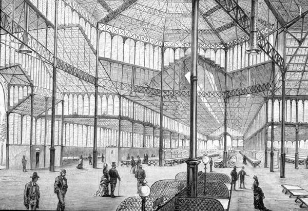 Interiör av den nyligen avslutade Borne Market, Barcelona, i slutet av 1800-talet (gravyr) av English School