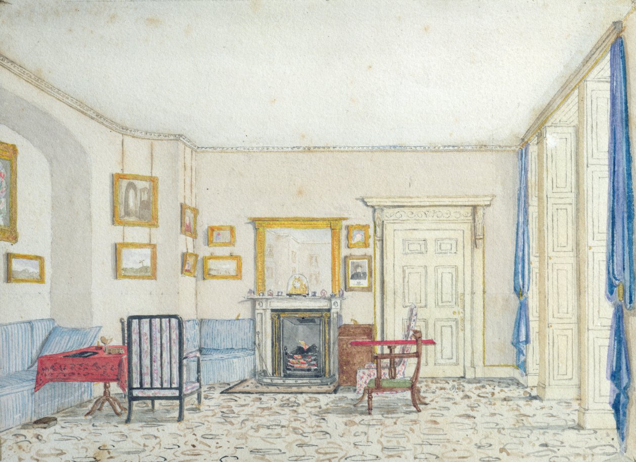 Interiör på Curzon Street, ca 1830 (wc med penna och bläck på papper) av English School