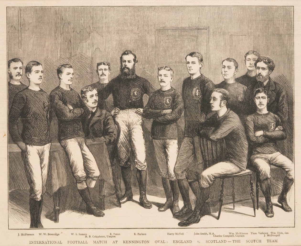 Internationell fotbollsmatch på Kennington Oval: England vs. Skottland - The Scotch Team, från The Graphic, 1879 av English School