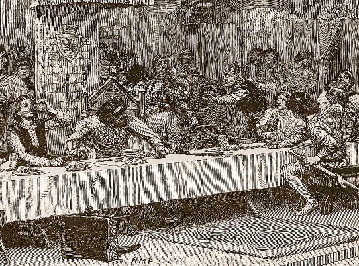 Interrupting Balliols Christmas Dinner, illustration från Cassells Illustrated History of England (sepiafoto) av English School