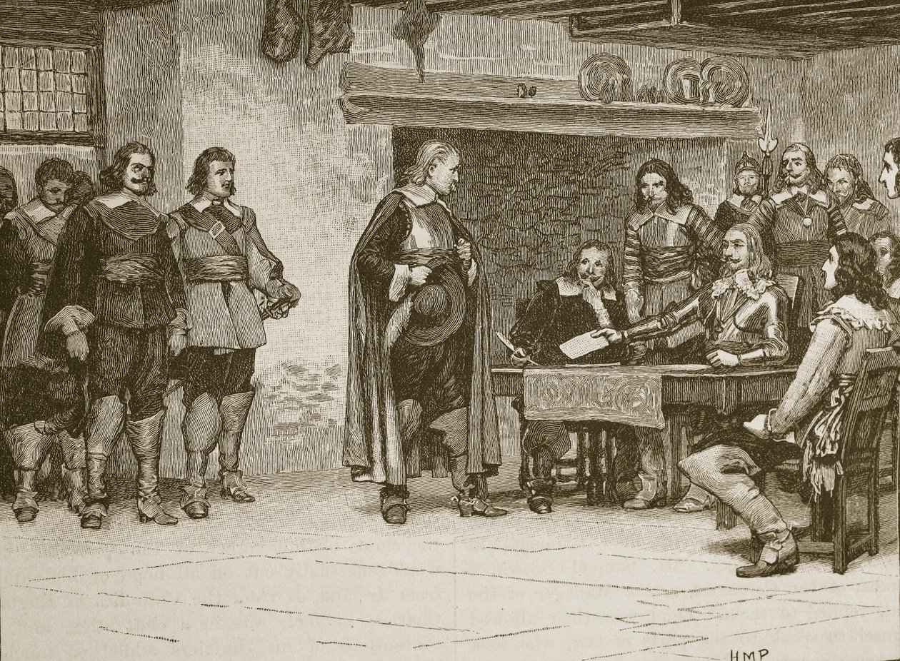 Intervju mellan Charles och Earl of Denbigh, illustration från Cassells Illustrated History of England (sepiafoto) av English School