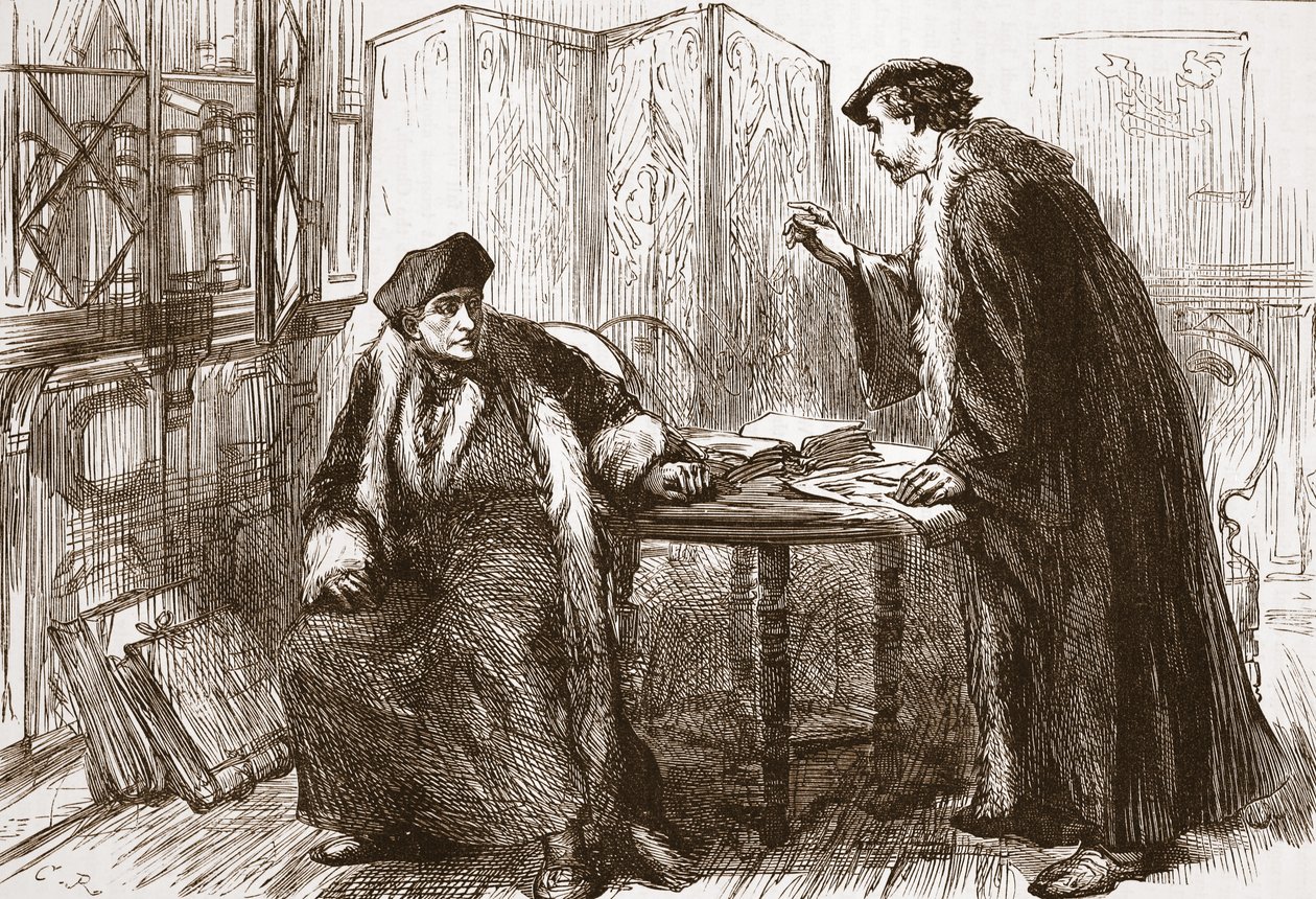 Intervju mellan Erasmus och Calvin, illustration från The History of Protestantism av James Aitken Wylie (1808-1890), pub. 1878 av English School