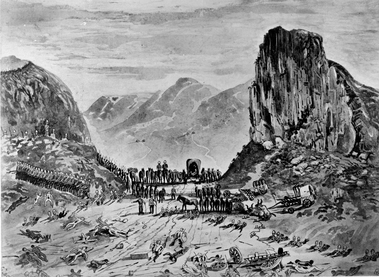 Isandhlwana efter slaget, 1879 (penna & bläck och tvätt på papper) av English School