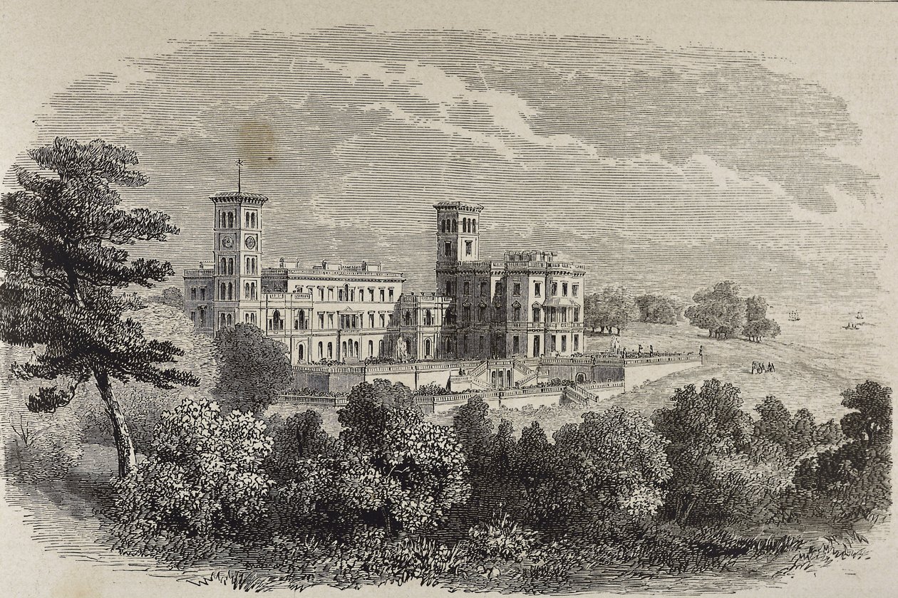 Isle of Wight. Osborne House, drottning Victorias sommarresidens. Illustration från 1880 av English School
