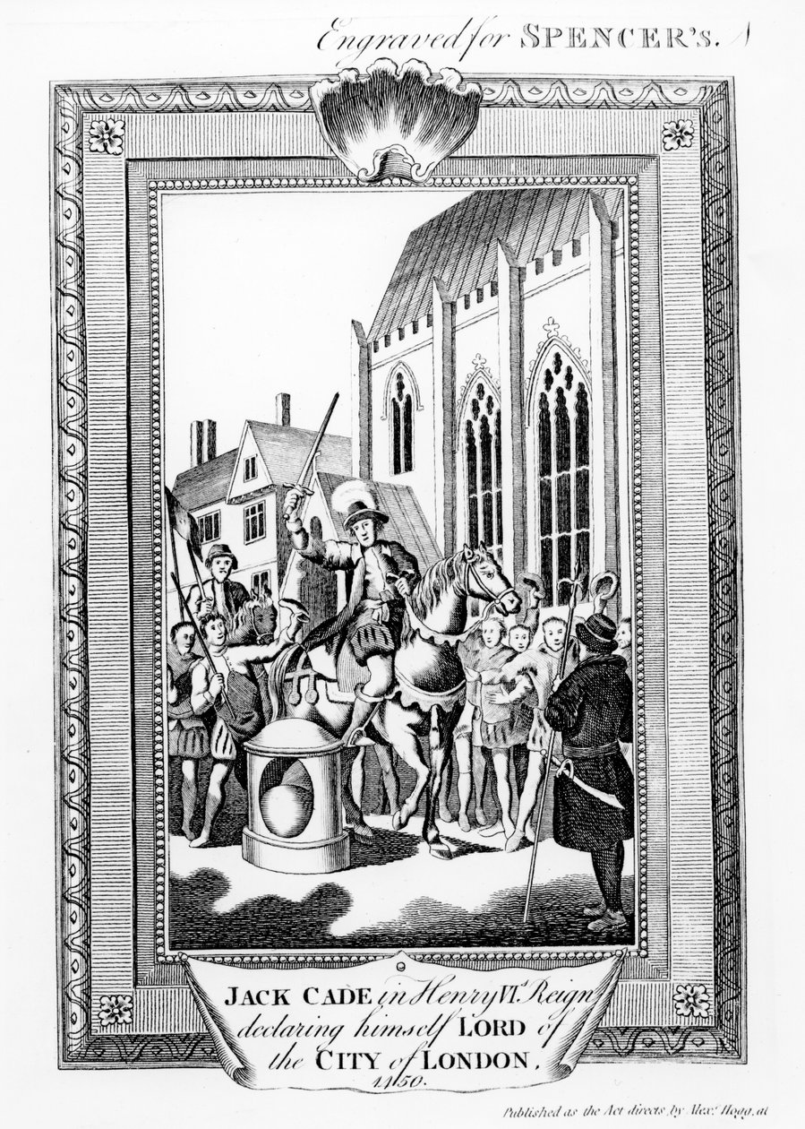 Jack Cade (d.1450) i Henrik VI:s regeringstid förklarar sig vara lord över Londons stad, graverad för Spencer