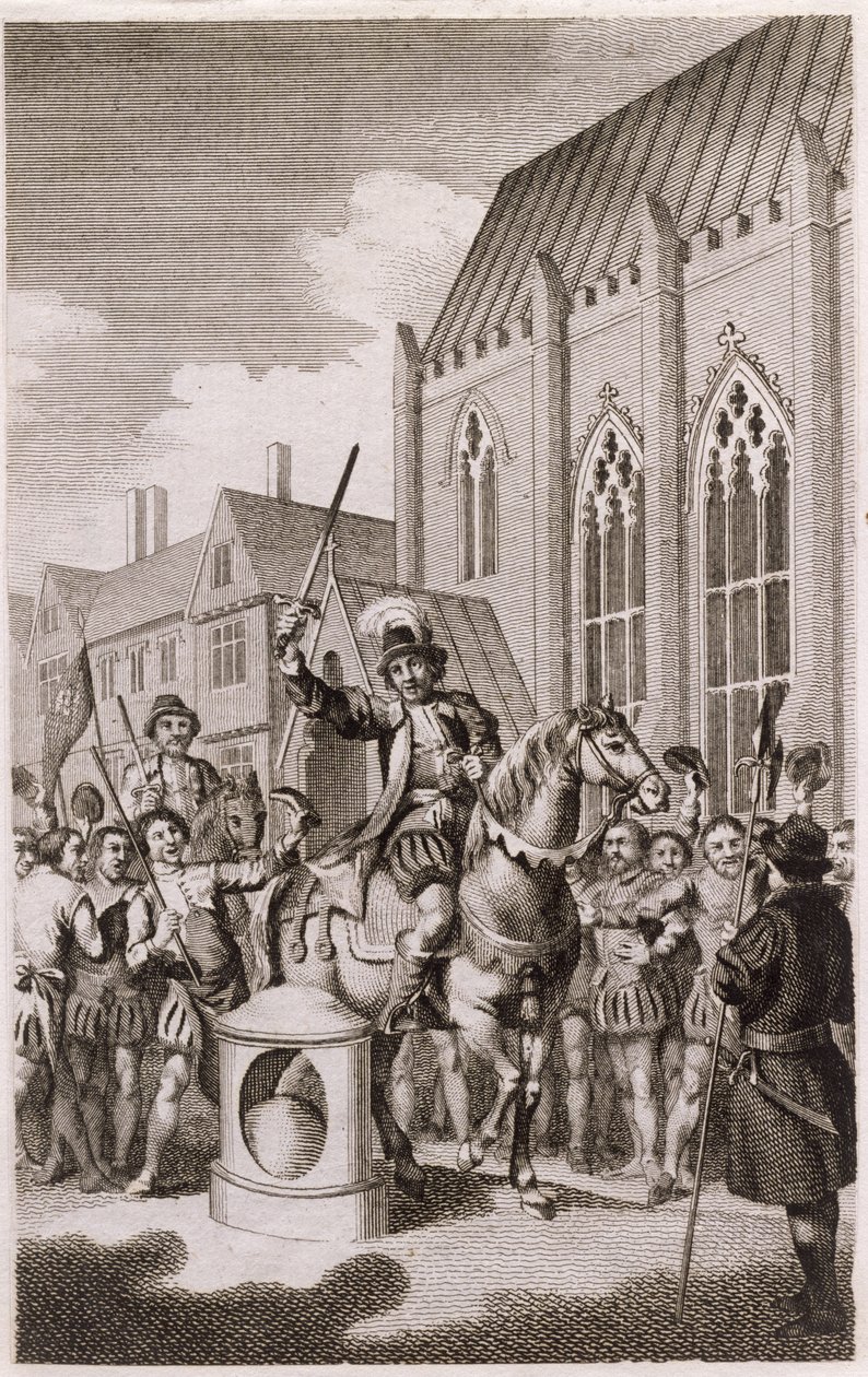 Jack Cades uppror 1450: Case förklarade sig själv som Lord of the City of London vid London Stone, Cannon Street, ca 1770 av English School