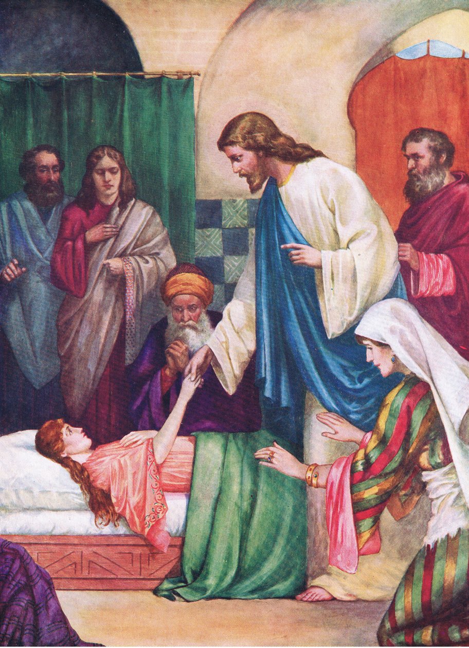 Jairus dotter, från The Bible Picture Book utgiven av Thomas Nelson, c.1950 (färg litho) av English School