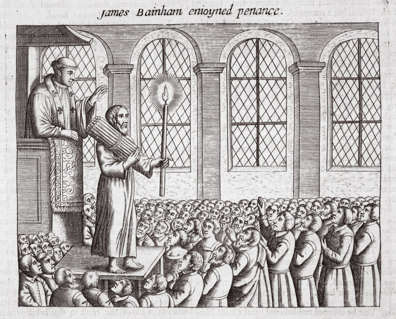 James Bainham njöt av botgöring, illustration från Acts and Monuments av John Foxe, nionde upplagan, pub. 1684 av English School
